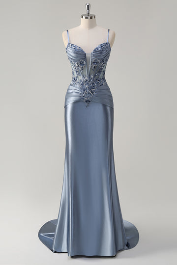 Sparkly Grey Blue Mermaid Spaghetti Straps Corset Long Prom Dress with Appliques